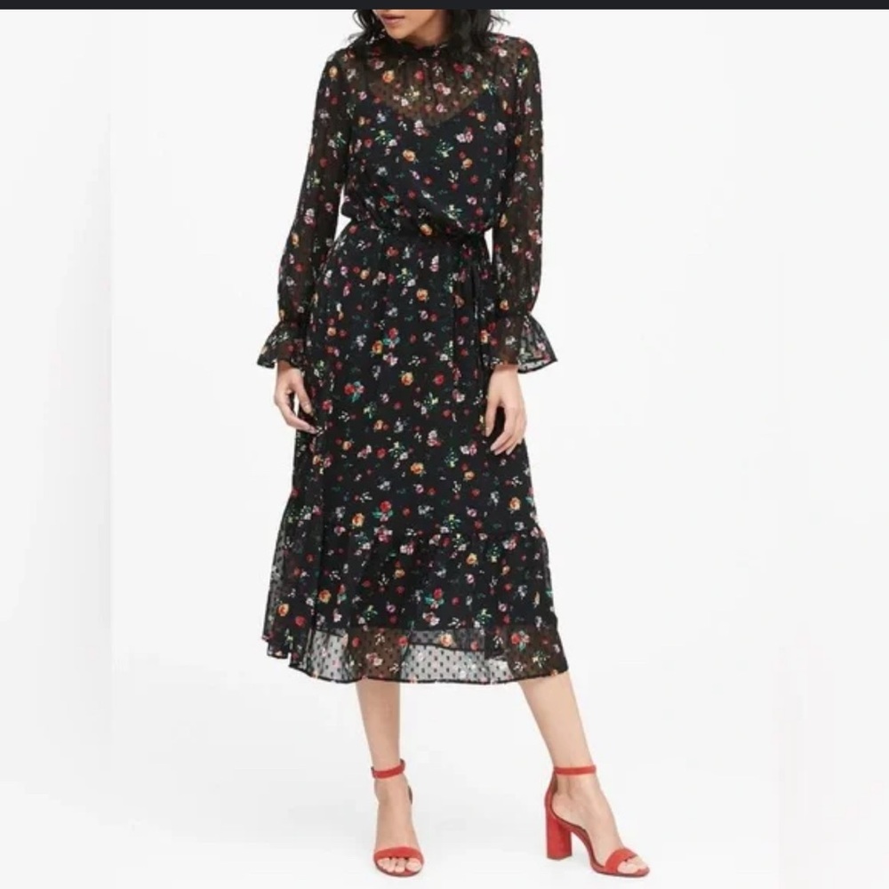 Banana Republic Black and Floral Long Sleeve Mock Neck Dress